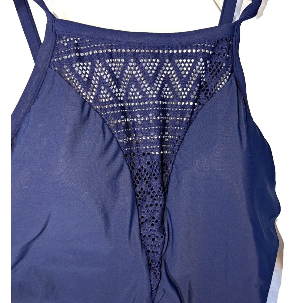 Womens Crochet High Neck One Piece Swimsuit - AquaGreen True Navy L NWT